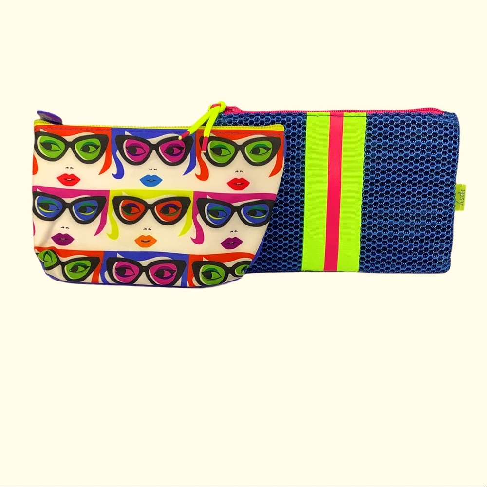 Ipsy Women 2 PC Neon Blue Pop-Art Cosmetic Bag Set